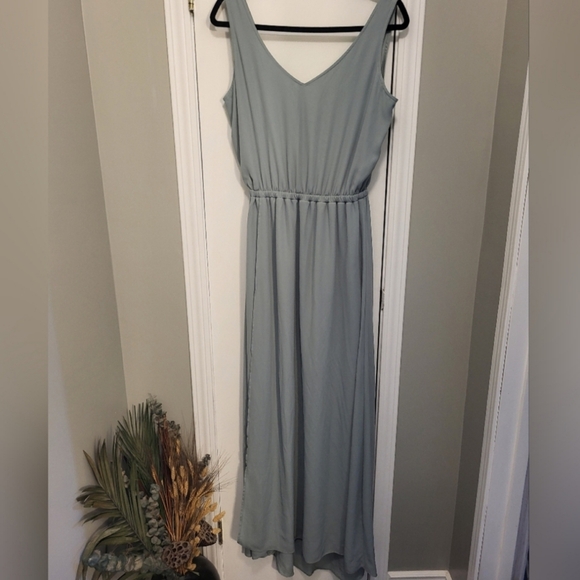 Show Me Your Mumu Kendall Maxi Dress V Neck Slit Blouson Silver Sage Blue Large - Picture 4 of 12